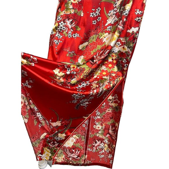Asian Chinese Red Floral Dress S ? M? Mandarin Collar Short Slvs. Long Slits NWT - Picture 15 of 16